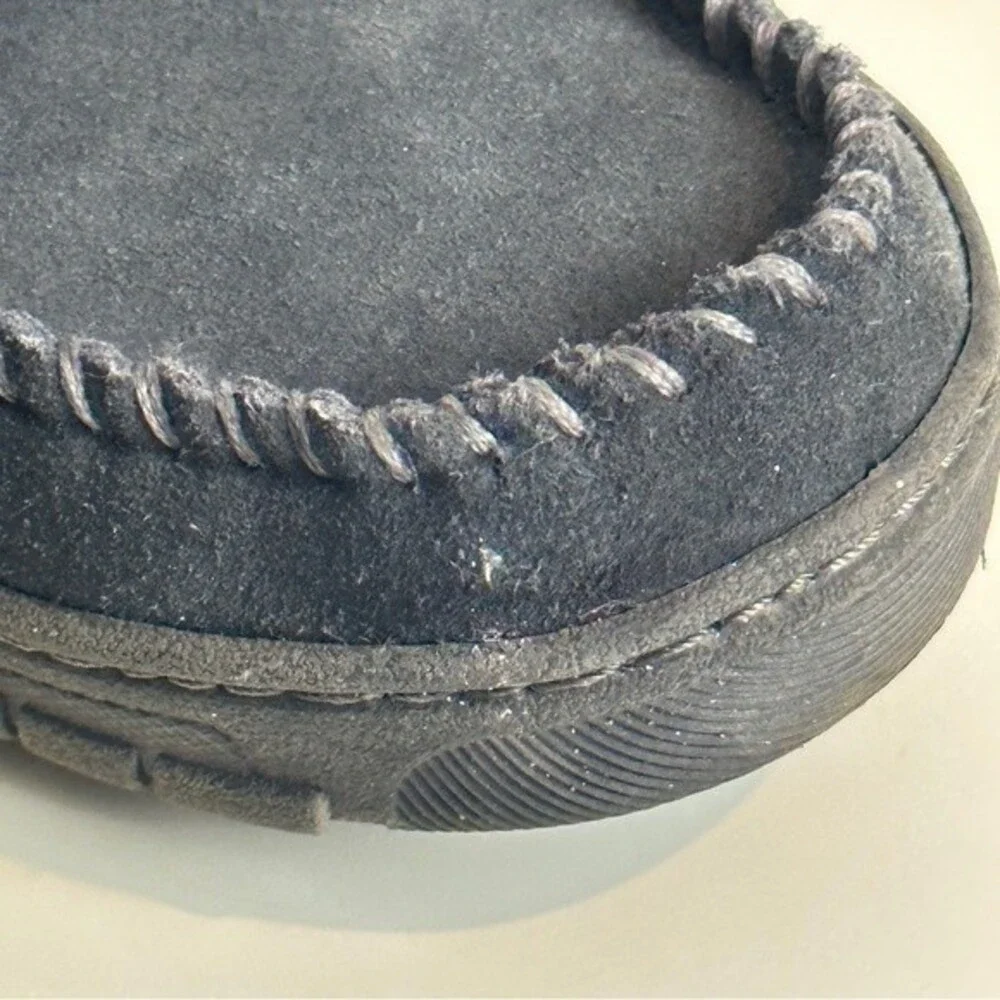 Eddie Bauer Firelight Suede Grey Shearling Lined Moc Slippers L 9.5-10.5